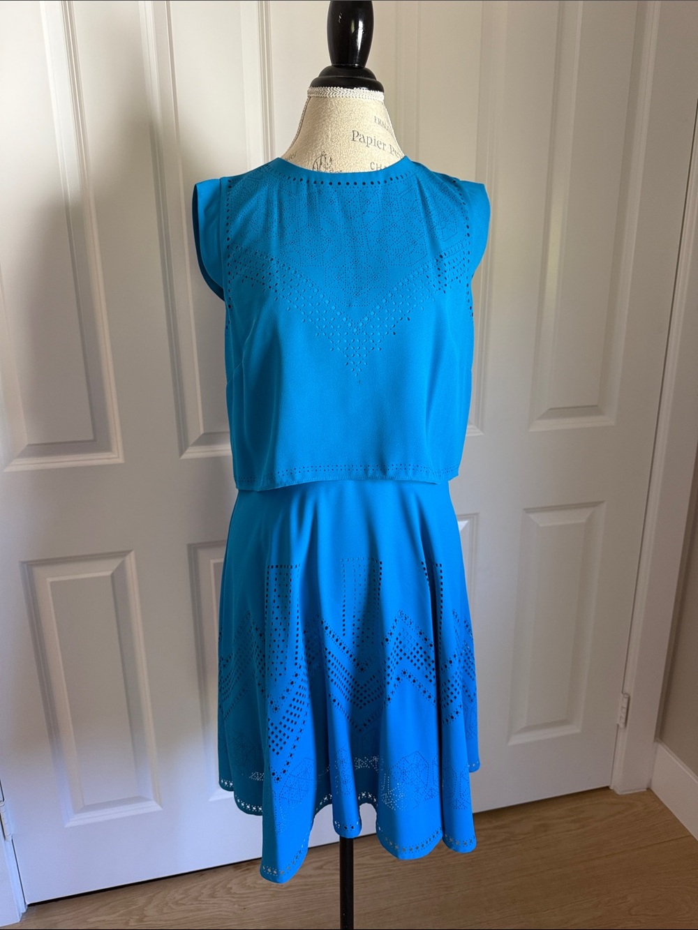 Karen Millen Turquoise Sleeveless Laser-Cut Fit & Flare Dress